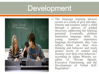    The language learning process
    occurs as a result of give and take.
    Parents and teachers usher a child
    through a process of guided
    discovery, addressing her learning
    potential. Eventually, children
    internalize language skills. As
    young      learners      experience
    language development, they "can
    reflect better on their own
    thinking and behavior and reach
    greater levels of control and
    mastery over their own behavior,"
    according to Adam Winsler, co-
    editor of "Private Speech,
    Executive Functioning, and the
    Development of Verbal Self-
    Regulation".
 