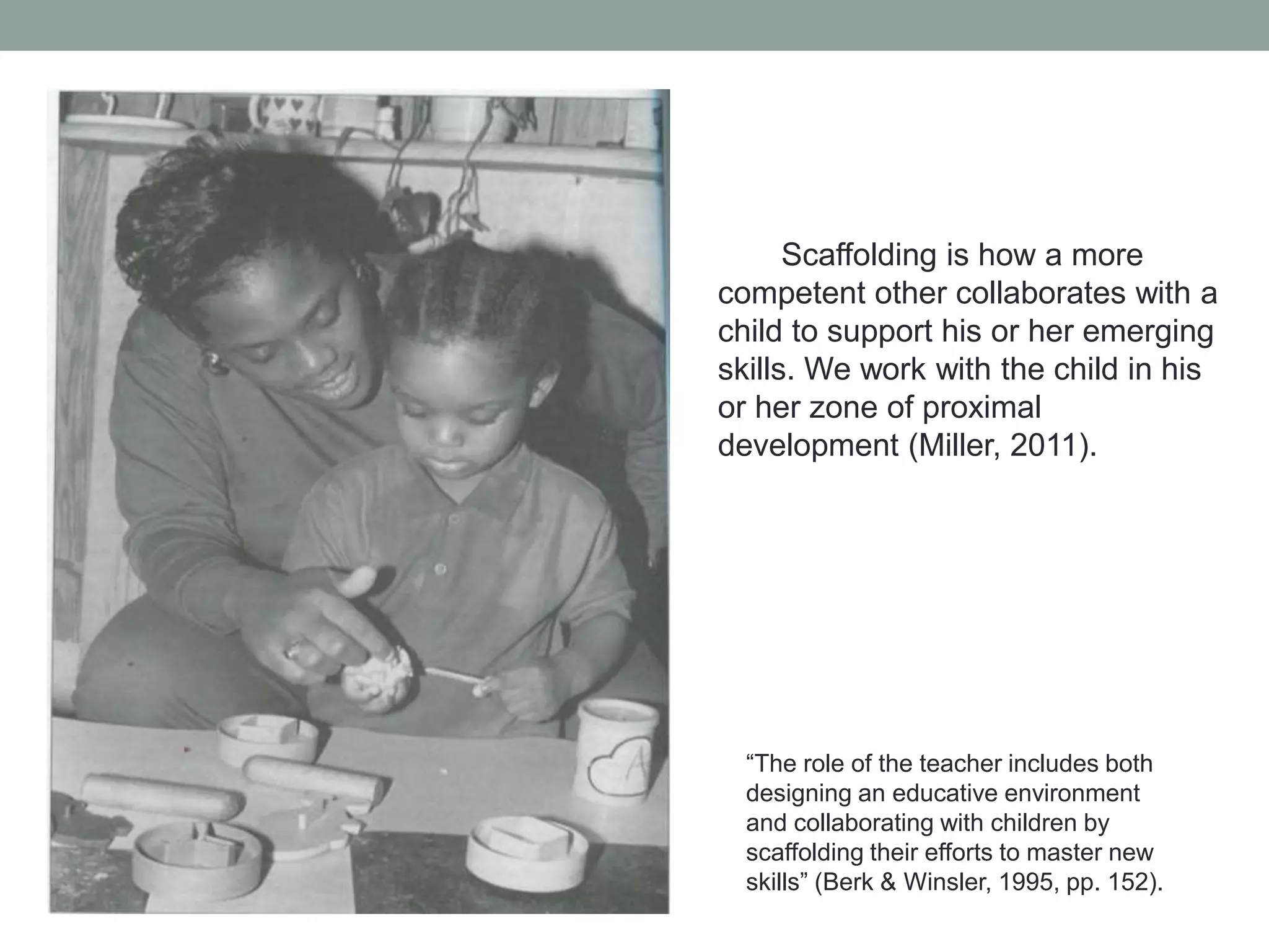 Scaffolding is how a more
competent other collaborates with a
child to support his or her emerging
skills. We work with the child in his
or her zone of proximal
development (Miller, 2011).

“The role of the teacher includes both
designing an educative environment
and collaborating with children by
scaffolding their efforts to master new
skills” (Berk & Winsler, 1995, pp. 152).

 