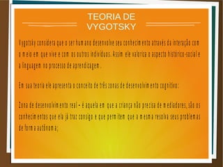 TEORIA DE
VYGOTSKY
Vygotsky considera que o ser hum ano desenvolve seu conhecim ento através da interação com
o m eio em que vive e com os outros indivíduos. Assim ele valoriza o aspecto histórico-social e
a linguagem no processo de aprendizagem .
Em sua teoria ele apresenta o conceito de três zonas de desenvolvim ento cognitivo:
Zona de desenvolvim ento real – é aquela em que a criança não precisa de m ediadores, são os
conhecim entos que ela já traz consigo e que perm item que a m esm a resolva seus problem as
de form a autônom a;
 