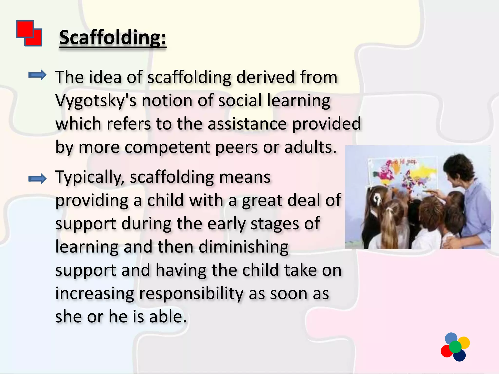 Scaffolding:
The idea of scaffolding derived from
Vygotsky's notion of social learning
which refers to the assistance provided
by more competent peers or adults.
Typically, scaffolding means
providing a child with a great deal of
support during the early stages of
learning and then diminishing
support and having the child take on
increasing responsibility as soon as
she or he is able.
 