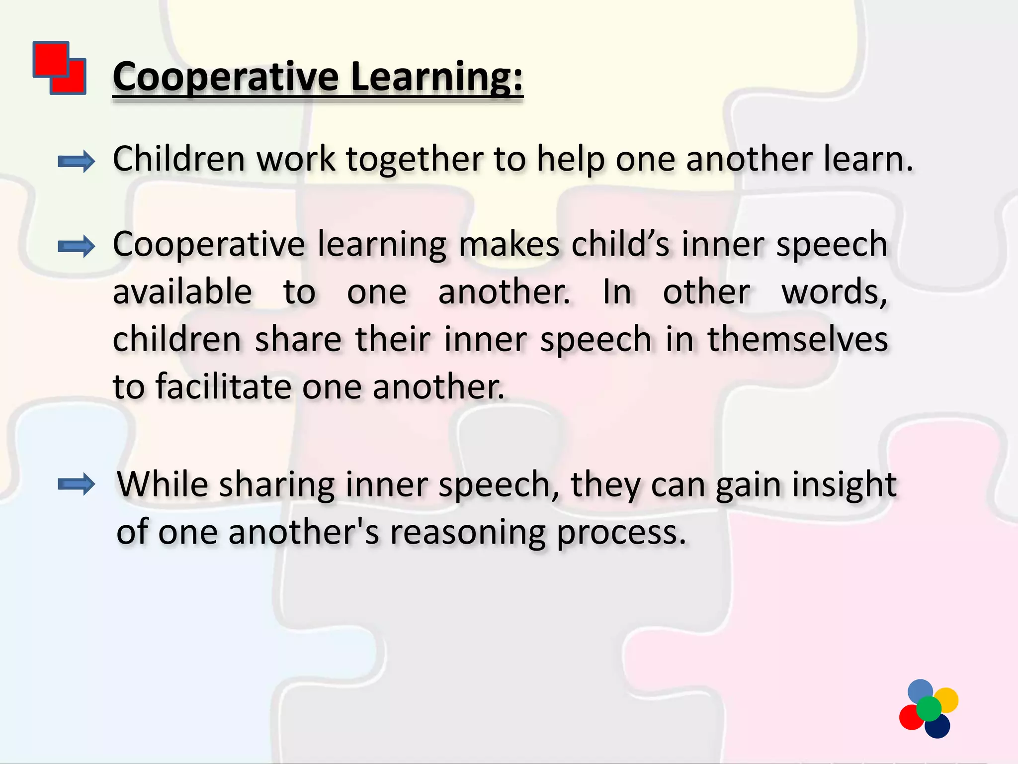 Cooperative Learning:
Children work together to help one another learn.
Cooperative learning makes child’s inner speech
available to one another. In other words,
children share their inner speech in themselves
to facilitate one another.
While sharing inner speech, they can gain insight
of one another's reasoning process.
 