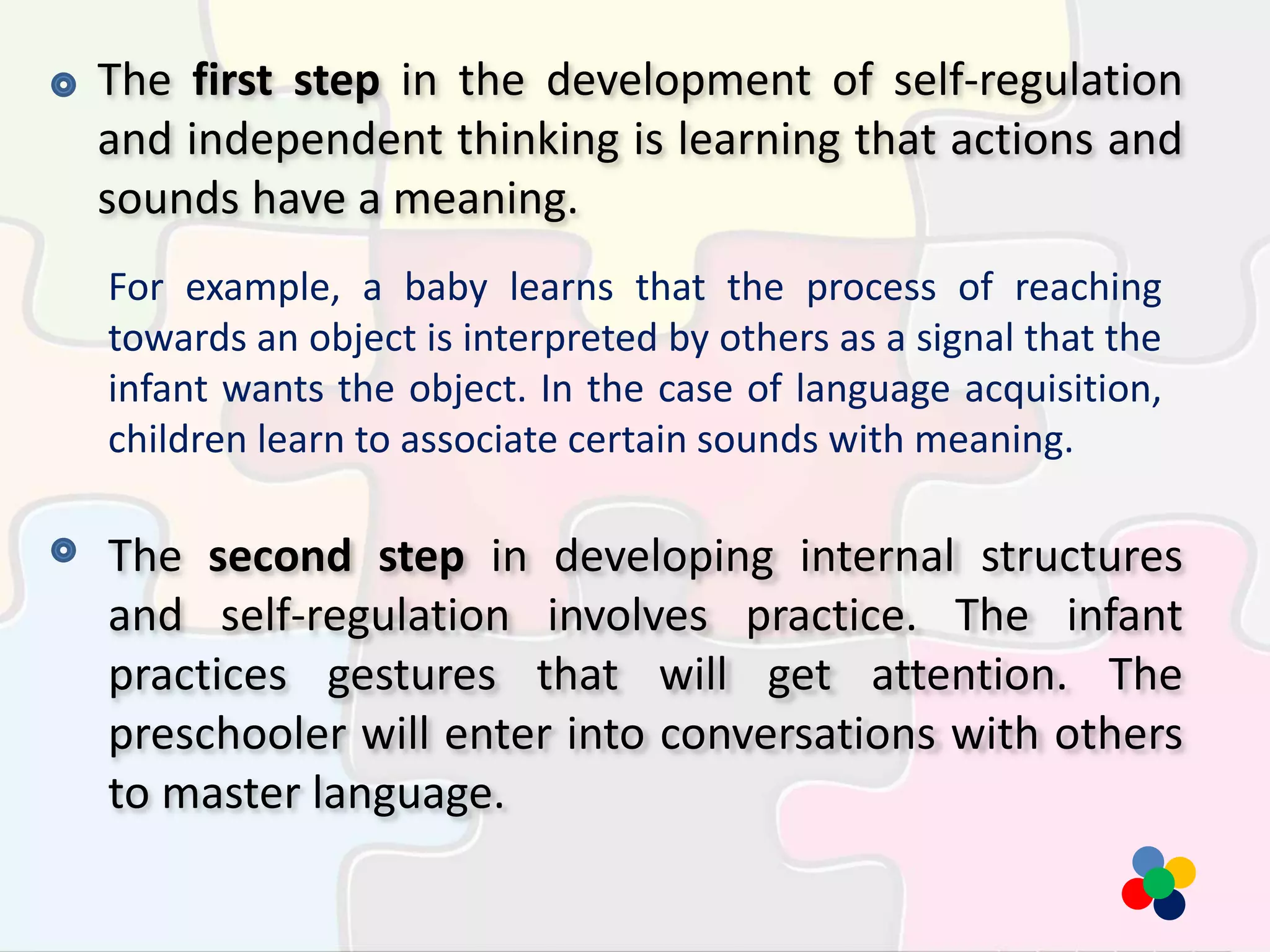 The first step in the development of self-regulation
and independent thinking is learning that actions and
sounds have a meaning.
For example, a baby learns that the process of reaching
towards an object is interpreted by others as a signal that the
infant wants the object. In the case of language acquisition,
children learn to associate certain sounds with meaning.
The second step in developing internal structures
and self-regulation involves practice. The infant
practices gestures that will get attention. The
preschooler will enter into conversations with others
to master language.
 