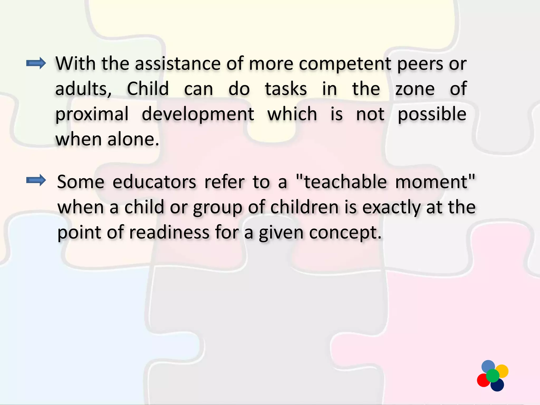 With the assistance of more competent peers or
adults, Child can do tasks in the zone of
proximal development which is not possible
when alone.
Some educators refer to a "teachable moment"
when a child or group of children is exactly at the
point of readiness for a given concept.
 