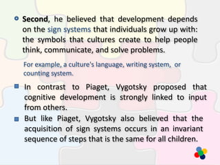 Second, he believed that development depends
on the sign systems that individuals grow up with:
the symbols that cultures create to help people
think, communicate, and solve problems.
For example, a culture's language, writing system, or
counting system.
In contrast to Piaget, Vygotsky proposed that
cognitive development is strongly linked to input
from others.
But like Piaget, Vygotsky also believed that the
acquisition of sign systems occurs in an invariant
sequence of steps that is the same for all children.
 
