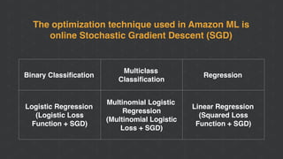 Binary Classiﬁcation
Multiclass
Classiﬁcation
Regression
Logistic Regression 
(Logistic Loss
Function + SGD)
Multinomial Logistic
Regression 
(Multinomial Logistic
Loss + SGD)
Linear Regression 
(Squared Loss
Function + SGD)
The optimization technique used in Amazon ML is 
online Stochastic Gradient Descent (SGD)
 
