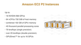 Amazon EC2 P2 Instances
Up to:
• 16 NVIDIA K80 GPUs
• 64 vCPUs 732 GiB of host memory
• combined 192 GB of GPU memory
• 40 thousand parallel processing cores
• 70 teraﬂops (single precision)
• over 23 teraﬂops (double precision).
• GPUDirect™ for up to 16 GPUs
 