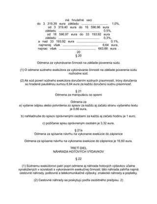 iné hnuteľné veci
do 3 319,39 eura základu ............................... 1,0%,
od 3 319,40 eura do 16 596,96 eura
základu ................................................ 0,5%,
od 16 596,97 eura do 33 193,92 eura
základu ................................................ 0,3%,
a nad 33 193,92 eura ................................... 0,1%,
najmenej však .......................................... 6,64 eura,
najviac však ........................................... 663,88 eura .
20
§ 20
Odmena za vykonávanie činnosti na základe poverenia súdu
(1) O odmene súdneho exekútora za vykonávanie činnosti na základe poverenia súdu
rozhodne súd.
(2) Ak súd poverí súdneho exekútora doručením súdnych písomností, trovy doručenia
sú hradené paušálnou sumou 6,64 eura za každú doručenú súdnu písomnosť.
§ 21
Odmena za manipuláciu so spismi
Odmena za
a) vydanie odpisu alebo potvrdenia zo spisov za každú aj začatú stranu vydaného textu
je 0,66 eura,
b) nahliadnutie do spisov oprávnenými osobami za každú aj začatú hodinu je 1 euro,
c) požičanie spisu oprávneným osobám je 3,32 eura.
§ 21a
Odmena za spísanie návrhu na vykonanie exekúcie do zápisnice
Odmena za spísanie návrhu na vykonanie exekúcie do zápisnice je 16,60 eura.
TRETÍ DIEL
NÁHRADA HOTOVÝCH VÝDAVKOV
§ 22
(1) Súdnemu exekútorovi patrí popri odmene aj náhrada hotových výdavkov účelne
vynaložených v súvislosti s vykonávaním exekučnej činnosti; táto náhrada zahŕňa najmä
cestovné náhrady, poštovné a telekomunikačné výdavky, znalecké náhrady a poplatky.
(2) Cestovné náhrady sa poskytujú podľa osobitného predpisu. 2)

 