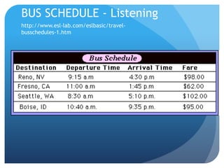 BUS SCHEDULE - Listening 
http://www.esl-lab.com/eslbasic/travel-busschedules- 
1.htm 
 
