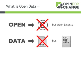 What is Open Data =
OPEN
DATA
C
PDF
XML
RDF
JSON
…
but
but Open License
 