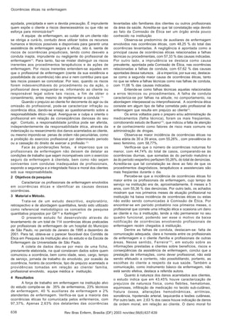 638
açodada, precipitada e sem a devida precaução. É imprudente
quem expõe o cliente a riscos desnecessários ou que não se
esforça para minimizá-los(6).
A equipe de enfermagem, ao cuidar de um cliente não
se obriga a curá-lo, contudo deve utilizar todos os recursos
humanos e técnicos possíveis e disponíveis para garantir uma
assistência de enfermagem segura e eficaz, isto é, isenta de
riscos de ocorrências prejudiciais, tendo como desvelo a
conduta inapta, imprudente ou negligente do profissional de
enfermagem(1)
. Para tanto, faz-se mister distinguir os riscos
inerentes aos procedimentos terapêuticos e às ações de
enfermagem. Por riscos inerentes entendem-se aqueles em
que o profissional de enfermagem (ciente da sua existência e
possibilidade de ocorrência) não anui e nem contribui para que
tais riscos possam se concretizar. Por isso, quando os riscos
forem indesvencilháveis do procedimento ou da ação, o
profissional deve resguardar-se, informando ao cliente ou
responsável legal sobre tais riscos, a fim de obter o
consentimento, antes mesmo de implementar a conduta (1).
Quando o prejuízo ao cliente for decorrente do agir ou da
omissão do profissional, pode-se caracterizar infração ou
ocorrência ética, dando-se ensejo ao questionamento sobre a
responsabilidade ético—legal. Averigua-se a culpa e orienta o
profissional em relação às conseqüências danosas do seu
agir. Contudo, a responsabilidade jurídica pode ser aferida,
independentemente da responsabilidade ética, através da
indenização ou ressarcimento dos danos acarretados ao cliente,
ou mesmo impondo-se penas de ordem não pecuniárias, como
a proibição do exercício profissional por determinado período
ou a cassação do direito de exercer a profissão (1).
Face às ponderações feitas, é imperioso que os
profissionais de enfermagem não deixem de delatar as
condições de trabalho que sejam incompatíveis com o exercício
seguro da enfermagem à clientela, bem como não sejam
coniventes com condutas inadequadas de profissionais,
expondo a segurança e a integridade física e moral dos clientes
sob sua responsabilidade.
2 Objetivos da pesquisa
Caracterizar os profissionais de enfermagem envolvidos
em ocorrências éticas e identificar as causas dessas
ocorrências.
3 Material e Método.
Trata-se de um estudo descritivo, exploratório,
retrospectivo e de abordagem quantitativa, tendo sido utilizado
como referencial metodológico os conceitos de pesquisa
quantitativa propostos por Gil(10)
e Kerlinger(10).
O presente estudo foi desenvolvido através do
levantamento de um total de 114 ocorrências éticas praticadas
por profissionais de enfermagem de um hospital do Município
de São Paulo, no período de Janeiro de 1995 a dezembro de
2001. Para tal, obteve-se o parecer favorável dos Comitês de
Ética em Pesquisa da Instituição alvo do estudo e da Escola de
Enfermagem da Universidade de São Paulo.
A coleta de dados deu-se por meio de uma ficha,
previamente elaborada, na qual constavam dados sobre quem
comunicou a ocorrência, bem como idade, sexo, cargo, tempo
de serviço, jornada de trabalho do envolvido, por ocasião da
ocorrência, horário da ocorrência, tipo de prejuízo acarretado e
providências tomadas em relação ao cliente/ família,
profissional envolvido, equipe médica e instituição.
4 Resultados
A força de trabalho em enfermagem na instituição alvo
do estudo compõe-se de 35% de enfermeiros, 23% técnicos
de enfermagem, 40 % auxiliares de enfermagem e 2%
atendentes de enfermagem. Verifica-se que a maioria das
ocorrências éticas foi comunicada pelos enfermeiros, com
97,37%. Apenas 2,63% dos delatantes das ocorrências
levantadas são familiares dos clientes ou outros profissionais
da área da saúde. Acredita-se que tal constatação seja devido
ao fato da Comissão de Ética ser um órgão ainda pouco
conhecido na instituição
Observa-se predomínio de auxiliares de enfermagem
envolvidos nas ocorrências éticas, com 48,25 % do total das
ocorrências levantadas. A negligência é apontada como a
principal causa de ocorrências éticas relacionadas a falhas
técnicas ou procedimentais, com 57,33 % das causas indicadas.
Por outro lado, a imprudência se destaca como causa
prevalente, apontada pela Comissão de Ética, nas ocorrências
relacionadas a falhas de conduta, com 67,62 % das causas
apontadas dessa natureza. Já a imperícia, por sua vez, destaca-
se como a segunda maior causa de ocorrências éticas, tanto
no que se refere a falhas técnicas como nas falhas de conduta,
com 11,08 % das causas indicadas.
Entende-se como falhas técnicas aquelas relacionadas
a erros técnicos ou procedimentais. A falha de conduta
caracteriza-se por falhas na atitude, no comportamento, na
abordagem interpessoal ou interprofissional. A ocorrência ética
consiste em algum tipo de falha cometida pelo profissional de
enfermagem que resulta em prejuízo ao cliente(1)
.
Os erros voltados para o preparo e/ou administração de
medicamentos (falha técnica), foram os mais freqüentes,
corroborando estudo de Bueno(11)
, que indicou a falta de atenção
e de conhecimento como fatores de risco mais comuns na
administração de drogas.
Observa-se maior incidência de ocorrências éticas na
faixa etária de 30 a 39 anos, com 55,26% , com prevalência do
sexo feminino, com 58,77%.
Verifica-se que o número de ocorrências noturnas foi
menor, com 44,74% do total de casos, comparando-se às
ocorrências diurnas, que somadas às do período matutino e
às do período vespertino perfazem 55,26%, do total de denúncias.
Acredita-se que tal constatação se deve ao fato de que os
procedimentos diagnósticos, terapêuticos e assistenciais são
mais freqüentes durante o dia.
Percebe-se que a incidência de ocorrências éticas foi
maior entre os profissionais de enfermagem, cujo tempo de
serviço na instituição era de, aproximadamente, 6 meses a 5
anos, com 55,36 % das denúncias. Por outro lado, os achados
mostram que nos primeiros meses de atuação profissional na
instituição há baixa incidência de ocorrências éticas ou estas
não estão sendo comunicadas à Comissão de Ética. Por
encontrar-se em período probatório nos primeiros meses, o
profissional que comete uma infração ética e ocasiona um dano
ao cliente e /ou à instituição, tende a não permanecer no seu
quadro funcional, podendo ser esse o motivo da baixa
notificação de ocorrências envolvendo profissionais de
enfermagem recém chegados à instituição.
Dentre as falhas de conduta, destacam-se: falta de
comunicação adequada, clara e honesta entre os profissionais
de enfermagem e o cliente /família e profissionais de outras
áreas. Nesse sentido, Ferreira(12)
, em estudo sobre as
informações prestadas a clientes sobre benefícios, riscos e
conseqüências da assistência de enfermagem, conclui que a
prestação de informações, como dever profissional, não está
sendo efetuado a contento, não possibilitando, portanto, as
escolhas do cliente a respeito da sua saúde. Também a
comunicação, como instrumento básico da enfermagem, não
está sendo efetiva, destaca a referida autora.
Quanto à natureza dos danos acarretados aos clientes,
o estudo indica que em 43,45% houve caracterização de
prejuízos de natureza física, como flebites, hematomas,
equimoses, infiltração de medicação no tecido sub-cutâneo,
fratura óssea, alterações hemodinâmicas, arritmias,
sonolência, hipotensão arterial, taquicardia e lesões cutâneas.
Por outro lado, em 2,63 % dos casos houve indicação de danos
de ordem moral, em relação ao cliente. O dano moral foi
Ocorrências éticas na enfermagem
Rev Bras Enferm, Brasília (DF) 2003 nov/dez;56(6):637-639
 