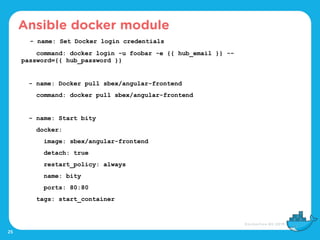 25
- name: Set Docker login credentials
command: docker login -u foobar -e {{ hub_email }} --
password={{ hub_password }}
...