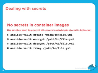 28
Dealing with secrets
No secrets in container images
Use Ansible vault to encrypt all secrets in playbooks stored in bit...