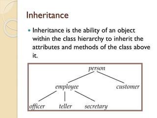 Inheritance
 Inheritance is the ability of an object
within the class hierarchy to inherit the
attributes and methods of the class above
it.
 