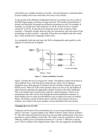 refererred to as a variable resistance or resistor - the word rheostat is somewhat dated
(to put it mildly) and is not a term that I use in any of my articles.
To get an idea of the different configurations that are in common use, have a look at
the ESP Projects pages, and those on other web sites. The number of possibilities is
actually not that great, but people use different conventions as well. For example, in
Australia, we use the term "anti-clockwise" or ACW. In the US, this is "counter-
clockwise" or CCW. At least the term clockwise seems to be common to both
countries :-) Naturally enough, these are only two conventions, and I am unsure of the
terminology in other countries - especially if they don't use English (and why would
they, if they already have a language of their own).
As a completely irrelevant side issue, the Web is changing this quite quickly, as the
majority of web sites are in English.
Figure 7 - Volume and Balance Controls
Figure 7 assumes the use of a log pot for volume. The balance control can be done in
many different ways, with that shown being but one. Quite a lot of Japanese
equipment uses a dual gang pot for balance, but the resistance element only goes for
half the travel. When set in the centre position, there is no loss at all, and rotation in
either direction attenuates the appropriate channel, but leaves the other unaffected.
This is yet another type of custom pot, made for a specific purpose. I know of no
manufacturer that sells such an item through the normal distribution channels, so
home builders have to come up with different ways to achieve the same (or similar)
things. The balance control as shown above (with the values shown) will give a
response very similar to the more complex version described in the next section.
Changing the Law of a Pot
Using pots can be done in the conventional way, or you can get adventurous and
achieve a lot more. A good example is the "Better Volume Control" shown in Project
01. The other ideas presented also show how you can make modifications to the way a
pot behaves, just by adding a resistor (R). The "ideal" value by calculation is 22k for a
100k pot, and this gives a maximum deviation of +1.58 and -1.7dB from a real log
curve. This is contrast to the original article, where 15k was suggested, and although
- 31 -
 