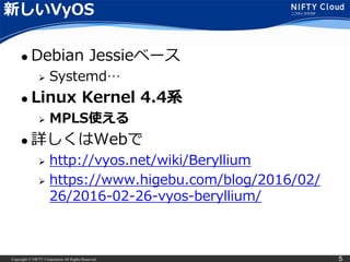Copyright © NIFTY Corporation All Rights Reserved. 5
新しいVyOS
 Debian Jessieベース
 Systemd…
 Linux Kernel 4.4系
 MPLS使える
 詳しくはWebで
 http://vyos.net/wiki/Beryllium
 https://www.higebu.com/blog/2016/02/
26/2016-02-26-vyos-beryllium/
 
