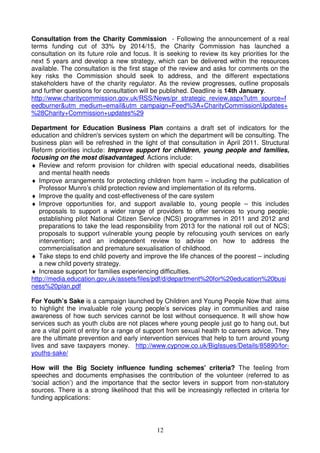 12
Consultation from the Charity Commission - Following the announcement of a real
terms funding cut of 33% by 2014/15, the Charity Commission has launched a
consultation on its future role and focus. It is seeking to review its key priorities for the
next 5 years and develop a new strategy, which can be delivered within the resources
available. The consultation is the first stage of the review and asks for comments on the
key risks the Commission should seek to address, and the different expectations
stakeholders have of the charity regulator. As the review progresses, outline proposals
and further questions for consultation will be published. Deadline is 14th January.
http://www.charitycommission.gov.uk/RSS/News/pr_strategic_review.aspx?utm_source=f
eedburner&utm_medium=email&utm_campaign=Feed%3A+CharityCommissionUpdates+
%28Charity+Commission+updates%29
Department for Education Business Plan contains a draft set of indicators for the
education and children's services system on which the department will be consulting. The
business plan will be refreshed in the light of that consultation in April 2011. Structural
Reform priorities include: Improve support for children, young people and families,
focusing on the most disadvantaged. Actions include:
♦ Review and reform provision for children with special educational needs, disabilities
and mental health needs
♦ Improve arrangements for protecting children from harm – including the publication of
Professor Munro’s child protection review and implementation of its reforms.
♦ Improve the quality and cost-effectiveness of the care system
♦ Improve opportunities for, and support available to, young people – this includes
proposals to support a wider range of providers to offer services to young people;
establishing pilot National Citizen Service (NCS) programmes in 2011 and 2012 and
preparations to take the lead responsibility from 2013 for the national roll out of NCS;
proposals to support vulnerable young people by refocusing youth services on early
intervention; and an independent review to advise on how to address the
commercialisation and premature sexualisation of childhood.
♦ Take steps to end child poverty and improve the life chances of the poorest – including
a new child poverty strategy.
♦ Increase support for families experiencing difficulties.
http://media.education.gov.uk/assets/files/pdf/d/department%20for%20education%20busi
ness%20plan.pdf
For Youth’s Sake is a campaign launched by Children and Young People Now that aims
to highlight the invaluable role young people’s services play in communities and raise
awareness of how such services cannot be lost without consequence. It will show how
services such as youth clubs are not places where young people just go to hang out, but
are a vital point of entry for a range of support from sexual health to careers advice. They
are the ultimate prevention and early intervention services that help to turn around young
lives and save taxpayers money. http://www.cypnow.co.uk/BigIssues/Details/85890/for-
youths-sake/
How will the Big Society influence funding schemes' criteria? The feeling from
speeches and documents emphasises the contribution of the volunteer (referred to as
‘social action’) and the importance that the sector levers in support from non-statutory
sources. There is a strong likelihood that this will be increasingly reflected in criteria for
funding applications:
 