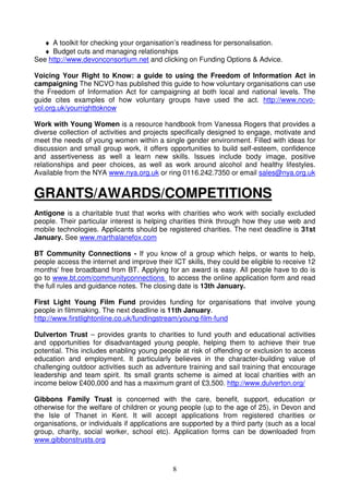 8
♦ A toolkit for checking your organisation’s readiness for personalisation.
♦ Budget cuts and managing relationships
See http://www.devonconsortium.net and clicking on Funding Options & Advice.
Voicing Your Right to Know: a guide to using the Freedom of Information Act in
campaigning The NCVO has published this guide to how voluntary organisations can use
the Freedom of Information Act for campaigning at both local and national levels. The
guide cites examples of how voluntary groups have used the act. http://www.ncvo-
vol.org.uk/yourrighttoknow
Work with Young Women is a resource handbook from Vanessa Rogers that provides a
diverse collection of activities and projects specifically designed to engage, motivate and
meet the needs of young women within a single gender environment. Filled with ideas for
discussion and small group work, it offers opportunities to build self-esteem, confidence
and assertiveness as well a learn new skills. Issues include body image, positive
relationships and peer choices, as well as work around alcohol and healthy lifestyles.
Available from the NYA www.nya.org.uk or ring 0116.242.7350 or email sales@nya.org.uk
GRANTS/AWARDS/COMPETITIONS
Antigone is a charitable trust that works with charities who work with socially excluded
people. Their particular interest is helping charities think through how they use web and
mobile technologies. Applicants should be registered charities. The next deadline is 31st
January. See www.marthalanefox.com
BT Community Connections - If you know of a group which helps, or wants to help,
people access the internet and improve their ICT skills, they could be eligible to receive 12
months' free broadband from BT. Applying for an award is easy. All people have to do is
go to www.bt.com/communityconnections to access the online application form and read
the full rules and guidance notes. The closing date is 13th January.
First Light Young Film Fund provides funding for organisations that involve young
people in filmmaking. The next deadline is 11th January.
http://www.firstlightonline.co.uk/fundingstream/young-film-fund
Dulverton Trust – provides grants to charities to fund youth and educational activities
and opportunities for disadvantaged young people, helping them to achieve their true
potential. This includes enabling young people at risk of offending or exclusion to access
education and employment. It particularly believes in the character-building value of
challenging outdoor activities such as adventure training and sail training that encourage
leadership and team spirit. Its small grants scheme is aimed at local charities with an
income below £400,000 and has a maximum grant of £3,500. http://www.dulverton.org/
Gibbons Family Trust is concerned with the care, benefit, support, education or
otherwise for the welfare of children or young people (up to the age of 25), in Devon and
the Isle of Thanet in Kent. It will accept applications from registered charities or
organisations, or individuals if applications are supported by a third party (such as a local
group, charity, social worker, school etc). Application forms can be downloaded from
www.gibbonstrusts.org
 