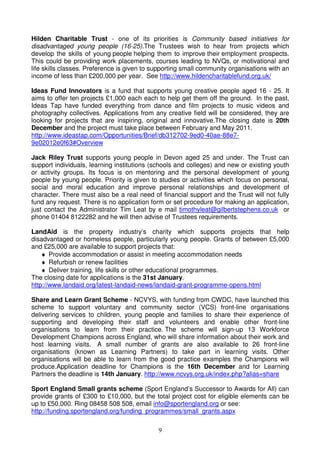 9
Hilden Charitable Trust - one of its priorities is Community based initiatives for
disadvantaged young people (16-25).The Trustees wish to hear from projects which
develop the skills of young people helping them to improve their employment prospects.
This could be providing work placements, courses leading to NVQs, or motivational and
life skills classes. Preference is given to supporting small community organisations with an
income of less than £200,000 per year. See http://www.hildencharitablefund.org.uk/
Ideas Fund Innovators is a fund that supports young creative people aged 16 - 25. It
aims to offer ten projects £1,000 each each to help get them off the ground. In the past,
Ideas Tap have funded everything from dance and film projects to music videos and
photography collectives. Applications from any creative field will be considered, they are
looking for projects that are inspiring, original and innovative.The closing date is 20th
December and the project must take place between February and May 2011.
http://www.ideastap.com/Opportunities/Brief/db312702-9ed0-40ae-88e7-
9e02012e0f63#Overview
Jack Riley Trust supports young people in Devon aged 25 and under. The Trust can
support individuals, learning institutions (schools and colleges) and new or existing youth
or activity groups. Its focus is on mentoring and the personal development of young
people by young people. Priority is given to studies or activities which focus on personal,
social and moral education and improve personal relationships and development of
character. There must also be a real need of financial support and the Trust will not fully
fund any request. There is no application form or set procedure for making an application,
just contact the Administrator Tim Leat by e mail timothyleat@gilbertstephens.co.uk or
phone 01404 8122282 and he will then advise of Trustees requirements.
LandAid is the property industry’s charity which supports projects that help
disadvantaged or homeless people, particularly young people. Grants of between £5,000
and £25,000 are available to support projects that:
♦ Provide accommodation or assist in meeting accommodation needs
♦ Refurbish or renew facilities
♦ Deliver training, life skills or other educational programmes.
The closing date for applications is the 31st January.
http://www.landaid.org/latest-landaid-news/landaid-grant-programme-opens.html
Share and Learn Grant Scheme - NCVYS, with funding from CWDC, have launched this
scheme to support voluntary and community sector (VCS) front-line organisations
delivering services to children, young people and families to share their experience of
supporting and developing their staff and volunteers and enable other front-line
organisations to learn from their practice. The scheme will sign-up 13 Workforce
Development Champions across England, who will share information about their work and
host learning visits. A small number of grants are also available to 26 front-line
organisations (known as Learning Partners) to take part in learning visits. Other
organisations will be able to learn from the good practice examples the Champions will
produce.Application deadline for Champions is the 16th December and for Learning
Partners the deadline is 14th January. http://www.ncvys.org.uk/index.php?alias=share
Sport England Small grants scheme (Sport England’s Successor to Awards for All) can
provide grants of £300 to £10,000, but the total project cost for eligible elements can be
up to £50,000. Ring 08458 508 508, email info@sportengland.org or see:
http://funding.sportengland.org/funding_programmes/small_grants.aspx
 