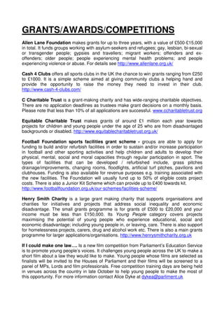 GRANTS/AWARDS/COMPETITIONS
Allen Lane Foundation makes grants for up to three years, with a value of £500-£15,000
in total. It funds groups working with asylum-seekers and refugees; gay, lesbian, bi-sexual
or transgender people; gypsies and travellers; migrant workers; offenders and ex-
offenders; older people; people experiencing mental health problems; and people
experiencing violence or abuse. For details see http://www.allenlane.org.uk/

Cash 4 Clubs offers all sports clubs in the UK the chance to win grants ranging from £250
to £1000. It is a simple scheme aimed at giving community clubs a helping hand and
provide the opportunity to raise the money they need to invest in their club.
http://www.cash-4-clubs.com/

C Charitable Trust is a grant‐making charity and has wide‐ranging charitable objectives.
There are no application deadlines as trustees make grant decisions on a monthly basis.
Please note that less than 10% of all applications are successful. www.ccharitabletrust.org

Equitable Charitable Trust makes grants of around £1 million each year towards
projects for children and young people under the age of 25 who are from disadvantaged
backgrounds or disabled. http://www.equitablecharitabletrust.org.uk/

Football Foundation sports facilities grant scheme - groups are able to apply for
funding to build and/or refurbish facilities in order to sustain and/or increase participation
in football and other sporting activities and help children and adults to develop their
physical, mental, social and moral capacities through regular participation in sport. The
types of facilities that can be developed / refurbished include, grass pitches
drainage/improvements, changing rooms, floodlights, artificial turf pitches, pavilions and
clubhouses. Funding is also available for revenue purposes e.g. training associated with
the new facilities. The Foundation will usually fund up to 50% of eligible costs project
costs. There is also a Junior Kit Scheme which can provide up to £400 towards kit.
http://www.footballfoundation.org.uk/our-schemes/facilities-scheme/

Henry Smith Charity is a large grant making charity that supports organisations and
charities for initiatives and projects that address social inequality and economic
disadvantage. The small grants programme is for grants of £500 to £20,000 and your
income must be less than £150,000. Its Young People category covers projects
maximising the potential of young people who experience educational, social and
economic disadvantage; including young people in, or leaving, care. There is also support
for homelessness projects, carers, drug and alcohol work etc. There is also a main grants
programme for larger applications/organisations. http://www.henrysmithcharity.org.uk

If I could make one law…. Is a new film competition from Parliament’s Education Service
is to promote young people’s voices. It challenges young people across the UK to make a
short film about a law they would like to make. Young people whose films are selected as
finalists will be invited to the Houses of Parliament and their films will be screened to a
panel of MPs, Lords and film professionals. Free competition training days are being held
in venues across the country in late October to help young people to make the most of
this opportunity. For more information contact Alice Dyke at dykea@parliment.uk
 