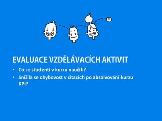 EVALUACE VZDĚLÁVACÍCH AKTIVIT
• Co se studenti v kurzu naučili?
• Snížila se chybovost v citacích po absolvování kurzu
KPI?
 