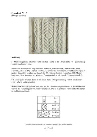 Quadrat Nr. 9
(Design: Susanne)




Anleitung:

54 M anschlagen und 6 R kraus rechts stricken – dabei in der letzten Reihe 10M gleichmässig
verteilt zunehmen = 64M.

Danach die Maschen wie folgt einteilen: 3 M kr re, 16M MusterA, 26M MusterB, 16M
MusterC, 3M kr re. Die 12R von MusterA+C fortlaufend wiederholen. Von MusterB die R1-8
(grüner Kasten) 5x stricken und danach die R9-16 (roter Kasten) 5x stricken. 80R Muster
insgesamt (nicht wundern: bei MusterA+C endet das nicht mit einer R12, sondern mit R8).

6 R kraus rechts stricken, dabei in der ersten Reihe 10M gleichmässig verteilt abnehmen =
54M – alle M locker abketten.

HINWEIS CHARTS: in den Charts sind nur die Hinreihen eingezeichnet – in den Rückreihen
werden die Maschen gestrickt, wie sie erscheinen. Die kr re gestrickte Kante an beiden Seiten
ist nicht eingezeichnet.


                                                                  1re
                                                                  1li
                                                              1re 1li
                                                              1re 1li
                                                              2re 2re
                                                              2re 2re



                 „Verzopft&Zugedeckt Quadrate 1-18“ Anleitung Copyright © 2010 Michaela Behrends

                                                Seite 17 von 35
 