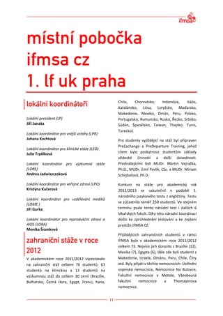 Chile,    Chorvatsko,   Indonésie,     Itálie,
                                               Katalánsko, Litva, Lotyšsko, Maďarsko,
                                               Makedonie, Mexiko, Omán, Peru, Polsko,
Lokální prezident (LP)                         Portugalsko, Rumunsko, Rusko, Řecko, Srbsko,
Jiří Janata                                    Súdán, Španělsko, Taiwan, Thajsko, Tunis,
                                               Turecko).
Lokální koordinátor pro vnější vztahy (LPR)
Johana Kochtová                                Pro studenty vyjíždějící na stáž byl připraven
                                               PreExchange a PreDeparture Training, jehož
Lokální koordinátor pro klinické stáže (LEO)
Julie Trpělková                                cílem bylo poskytnout studentům základy
                                               vědecké činnosti a další dovednosti.
Lokální koordinátor pro výzkumné stáže         Přednášejícími byli MUDr. Martin Vejražka,
(LORE)                                         Ph.D., MUDr. Emil Pavlík, CSc. a MUDr. Miriam
Andrea Jadwiszczoková                          Schejbalová, Ph.D.

Lokální koordinátor pro veřejné zdraví (LPO)   Konkurz na stáže pro akademický rok
Kristýna Kučerová                              2012/2013 se uskutečnil v podobě 1.
                                               národního jazykového testu z angličtiny. Testu
Lokální koordinátor pro vzdělávání mediků
                                               se zúčastnilo téměř 250 studentů. Ve stejném
(LOME )
Jiří Gurka                                     termínu psalo tento národní test i dalších 6
                                               lékařských fakult. Díky této národní koordinaci
Lokální koordinátor pro reprodukční zdraví a   došlo ke zprůhlednění testování a ke zvýšení
AIDS (LORA)                                    prestiže IFMSA CZ.
Monika Šramková
                                               Přijíždějících zahraničních studentů v rámci
                                               IFMSA bylo v akademickém roce 2011/2012
                                               celkem 72. Nejvíce jich dorazilo z Brazílie (12),
                                               Mexika (7), Egypta (6), dále zde byli studenti z
V akademickém roce 2011/2012 vycestovalo       Makedonie, Izraele, Ománu, Peru, Chile, Číny
na zahraniční stáž celkem 76 studentů. 63      atd. Byly přijati v těchto nemocnicích: Ústřední
studentů na klinickou a 13 studentů na         vojenská nemocnice, Nemocnice Na Bulovce,
výzkumnou stáž do celkem 30 zemí (Brazílie,    Fakultní nemocnice v Motole, Všeobecná
Bulharsko, Černá Hora, Egypt, Franci, hana,    fakultní      nemocnice      a    Thomayerova
                                               nemocnice.
 