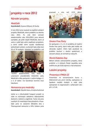 pracovali    s   více    než    1573     dětmi.




Koordinátoři: Zuzana Vlčková, Jiří Gurka

V roce 2012 jsme navázali na úspěšné zahájení
projektu MediCafé, které proběhlo na sklonku
roku 2011. Po celý letní semestr
akademického roku 2011/2012 jsme aktivně
vymýšleli, jak ještě zlepšit MediCafé, které už
samo o sobě bylo velmi úspěšným projektem,
o čemž svědčí velmi vysoká návštěvnost             Ve spolupráci s 2. a 3. LF proběhla již tradiční
jednotlivých setkání, na kterých bylo vždy mezi    Smoke free party, která měla jako každý rok
50 až 70 osobami. Vylepšení se podařilo a od       obrovský úspěch. Cílem bylo poukázat na
                                                   problém kouření v dnešní společnosti a
                                                   zároveň ukázat, že normální je nekouřit.



                                                   Během tohoto celonárodního projektu, který
                                                   probíhal v 6 městech České republiky jsme
                                                   změřili více jak 2150 zájemců z řad veřejnosti.



 nového akademického roku došlo k
ustanovení pravidelného měsíčního cyklu
MediCafé a díky spolupráci s našimi kolegy z 2.    Prezentace na seznamovacím kurzu v
a 3. LF došlo i ke koordinaci termínů mezi         Dobronicích pro první ročníky, spolupráce se
fakultami.                                         Spolkem mediků českých a stálá úzká
                                                   spolupráce na organizování a přípravách akcí
                                                   při 1. LF UK.
Koordinátoři: Zbyněk Vávra, Kristýna Kučerová

Jedná se o dlouhodobě fungující projekt se
stále se rozrůstající základnou dobrovolníků
školících v češtině a angličtině. Tento rok jsme
navštívili 22 mateřských škol převážně v Praze.
Dále jsme se zúčastnili Dětského dne v
Thomayerově nemocnici a VFN. Celkem jsme
 