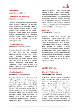 nekuřáckou krabičku, která sloužila jako
Koordinátor: Jakub Černý                         odměna kuřákům za jejich snahu odvykat.
                                                 Kuřáci měli rovněž možnost zaregistrovat se
                                                 do internetové aplikace ICoach, interaktivního
Koordinátor: Jan Hugo                            internetového průvodce projektu "Ex-kuřáci
                                                 jsou nezastavitelní", který díky každodenním
Tento rok jsme zašli za dětmi do mateřských      radám provede kuřáka procesem odvykání
školek přibližně dvacetkrát, do některých        kouření. Na akci jsme spolupracovali s Českou
školek do více tříd a opakovaně. Zájem ze        koalicí proti tabáku a Centrem prevence.
strany mediků obrovský, hlavně v řadách
prvních ročníků. Pozitivní jsou také ohlasy z
mateřských školek. Jednou ročně pořádáme         Koordinátorka: Eva Marešová
meeting s medvídkovými lékaři a pravidelně
zasíláme novinky. Projekt nemocnice pro          MediCafé se koná 3x za semestr. Vždy
medvídky běží bez problémů a je výborně          poslední úterý v měsíci. Místo se může měnit,
zajištěn personálně.                             ale nyní probíhá v kavárně Krásné ztráty.
                                                 Večerů se účastní studenti i laická veřejnost.
                                                 Průměrná návštěvnost je okolo 50 účastníků.
Koordinátorka: Denisa Dybowiczová                Naše pobočka na projektu v Praze
                                                 spolupracuje s ostatními pražskými fakultami.
Projekt se konal dne 1.11.2012 v prostorách      Na medializaci se podílí partner www.veda.cz
PM klubu. Cílem akce byla propagace              A v tomto roce byla spuštěna i webová stránka
zdravého životního stylu bez cigaret. Během      www.medicafe.cz. MediCafé na naší fakultě se
večera        vystoupila       taneční skupina   setkalo s úspěchem. A to jak z pohledu
Contemporary, dále byl workshop se Smíčou,       návštěvnosti, tak obrovské nadšenosti v
akční ceny drinků a tombola s úžasnými           řadách organizátorů.
cenami věnovanými společnostmi jako
Slevomat.cz, Grada, Pepino a dárky z 3.
lékařské fakulty UK. Účast byla přibližně 350
lidí, všichni se skvěle bavili.



Koordinátorka: Kateřina Benešová                 Koordinátorka: Tereza Hrablíková

Projekt probíhá schválením od profesionálních    Ve dnech 2. a 3.5.2012 proběhl již několikátý
addiktologů, kteří nám též chtějí poskytnout     ročník projektu Stan proti melanomu, do
úvodní coaching. V plánu máme proškolit          kterého jsou mimo Prahy zapojeny také Brno a
minimálně 3 skupiny dětí ve třech různých        Ostrava. Smysl projektu je edukační a
základních školách. Dále pracujeme na            vyšetřovací, konkrétně v Praze bylo
Světovém dni bez tabáku, který proběhl na        připraveno    6    ordinací    s   lékaři   z
Náměstí republiky od 9:00 do 19:00 připraven     Dermatovenerologické      kliniky    Fakultní
informační stánek, kde si příchozí mohli         nemocnice Královské Vinohrady. Projekt je
otestovat hladinu oxidu uhelnatého ve            veden MUDr. Monikou Arenbergerovou, PhD.
výdechu. Děti si pak mohli na stánku             a jejím manželem. Naše fakulta zajišťuje
prohlédnout ukázky chemikálií, které jsou v      hostesky, které informují návštěvníky o
cigaretovém kouři a vymalovat speciální          problematice melanomu a dohlížejí na plynulý
 