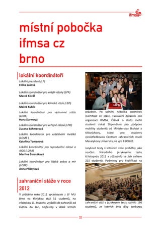 Lokální prezident (LP)
Eliška Lašová

Lokální koordinátor pro vnější vztahy (LPR)
Marek Kovář

Lokální koordinátor pro klinické stáže (LEO)
Marek Kubík
Lokální koordinátor pro výzkumné stáže            prázdnin. Po splnění několika podmínek
(LORE)                                            (Certifikát ze stáže, Evaluační dotazník pro
Hana Darmová                                      organizaci IFMSA, Článek o stáži) mohli
Lokální koordinátor pro veřejné zdraví (LPO)      studenti získat Stipendium pro podporu
Zuzana Böhmerová                                  mobility studentů od Ministerstva školství a
Lokální koordinátor pro vzdělávání mediků         tělovýchovy,      které     pro       studenty
(LOME )                                           zprostředkovala Centrum zahraničních studií
Kateřina Tomanová                                 Masarykovy University, ve výši 8 000 Kč.
Lokální koordinátor pro reprodukční zdraví a      Jazykové testy v letošním roce proběhly jako
AIDS (LORA)
                                                  součást    Národního     jazykového     testu
Martina Čermáková
                                                  6.listopadu 2012 a zúčastnilo se jich celkem
Lokální koordinátor pro lidská práva a mír        215 studentů. Podmínky pro kvalifikaci na
(LORP)
Anna Přikrylová




V průběhu roku 2012 vycestovalo z LF MU
Brno na klinickou stáž 51 studentů, na
vědeckou 11. Studenti vyjížděli do zahraničí od   zahraniční stáž v jazykovém testu splnilo 166
května do září, nejčastěji v době letních         studentů, ze kterých bylo díky konkurzu
 