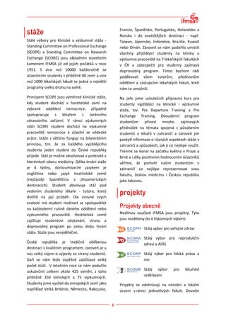 Francie, Španělsko, Portugalsko, Holandsko a
                                                  Norsko i do exotičtějších destinací - např.
Stálé výbory pro klinické a výzkumné stáže -      Taiwan, Japonsko, Indonésie, Brazílie, Kuwait
Standing Committee on Professional Exchange       nebo Omán. Zároveň se nám podařilo umístit
(SCOPE) a Standing Committee on Research          všechny přijíždějící studenty na kliniky a
Exchange (SCORE) jsou základním stavebním         výzkumná pracoviště na 7 lékařských fakultách
kamenem IFMSA již od jejích počátků v roce        v ČR a zabezpečit pro studenty zajímavý
1951. S více než 10000 každoročně se              doprovodný program. Tímto bychom rádi
účastnícími studenty z přibližně 80 zemí a více   poděkovali všem tutorům, přednostům
než 1000 lékařských fakult se jedná o největší    oddělení a zástupcům lékařských fakult, kteří
programy svého druhu na světě.                    nám to umožnili.
Principem SCOPE jsou výměnné klinické stáže,      Na jaře jsme uskutečnili přípravný kurz pro
kdy student dochází v hostitelské zemi na         studenty vyjíždějící na klinické i výzkumné
vybrané oddělení nemocnice, případně              stáže, tzv. Pre Departure Training a Pre
spolupracuje s lékařem z terénního                Exchange Training. Dvoudenní program
zdravotního zařízení. V rámci výzkumných          studentům přinesl mnoho zajímavých
stáží SCORE student dochází na výzkumné           přednášek na témata spojená s působením
pracoviště nemocnice a účastní se vědecké         studentů a lékařů v zahraničí a zároveň jim
práce. Stáže z většiny fungují na bilaterálním    poskytl informace o různých aspektech stáže v
principu, tzn. že za každého vyjíždějícího        zahraničí a způsobech, jak ji co nejlépe využít.
studenta jeden student do České republiky         Trénink se konal na začátku května v Praze a
přijede. Stáž je možné absolvovat v podstatě v    Brně a i díky pozitivním hodnocením účastníků
kterémkoli oboru medicíny. Délka trvání stáže     věříme, že pomohl našim studentům v
je 4 týdny, dorozumívacím jazykem je              zahraničí co nejlépe reprezentovat svou
angličtina nebo jazyk hostitelské země            fakultu, českou medicínu i Českou republiku
(nejčastěji španělština v jihoamerických          jako takovou.
destinacích). Student absolvuje stáž pod
vedením zkušeného lékaře - tutora, který
dohlíží na její průběh. Dle úrovně svých
znalostí má student možnost se spolupodílet
na každodenní rutině daného oddělení nebo
výzkumného pracoviště. Hostitelská země           Nedílnou součástí IFMSA jsou projekty. Tyto
zajišťuje studentovi ubytování, stravu a          jsou rozděleny do 4 Výkonných výborů:
doprovodný program po celou dobu trvání                         Stálý výbor pro veřejné zdraví
stáže. Stáže jsou nevýdělečné.
                                                                Stálý výbor pro reprodukční
Česká republika je tradičně oblíbenou                           zdraví a AIDS
destinací s kvalitním programem, zároveň je u
nás velký zájem o výjezdy ze strany studentů.                   Stálý výbor pro lidská práva a
Daří se nám tedy úspěšně zajišťovat velký                       mír
počet stáží. V letošním roce se nám podařilo
uskutečnit celkem okolo 425 výměn, z toho                       Stálý výbor       pro    lékařské
přibližně 350 klinických a 75 výzkumných.                       vzdělávání
Studenty jsme vysílali do evropských zemí jako    Projekty se odehrávají na národní a lokální
například Velká Británie, Německo, Rakousko,      úrovni v rámci jednotlivých fakult. Dovolte
 