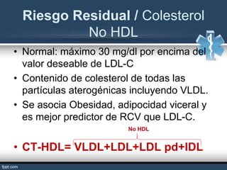 • Normal: máximo 30 mg/dl por encima del
valor deseable de LDL-C
• Contenido de colesterol de todas las
partículas aterogénicas incluyendo VLDL.
• Se asocia Obesidad, adipocidad viceral y
es mejor predictor de RCV que LDL-C.
• CT-HDL= VLDL+LDL+LDL pd+IDL
Riesgo Residual / Colesterol
No HDL
No HDL
 