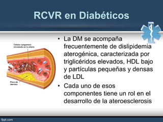 • La DM se acompaña
frecuentemente de dislipidemia
aterogénica, caracterizada por
triglicéridos elevados, HDL bajo
y partículas pequeñas y densas
de LDL
• Cada uno de esos
componentes tiene un rol en el
desarrollo de la ateroesclerosis
RCVR en Diabéticos
 