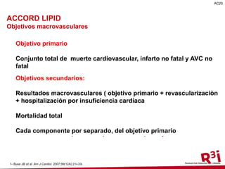 ACCORD Lipid
Pre-specified macrovascular endpoints1
 Primary endpoint:
 Composite of CVD death, non-fatal MI and non-fatal stroke
 Secondary endpoints:
 Expanded macrovascular outcome (primary outcome + any
revascularization + hospitalization for heart failure)
 Total mortality
 Each of the separate components of the primary outcome
201- Buse JB et al. Am J Cardiol. 2007;99(12A):21i-33i.
AC20
ACCORD LIPID
Objetivos macrovasculares
Objetivo primario
Conjunto total de muerte cardiovascular, infarto no fatal y AVC no
fatal
Objetivos secundarios:
Resultados macrovasculares ( objetivo primario + revascularizaciòn
+ hospitalización por insuficiencia cardíaca
Mortalidad total
Cada componente por separado, del objetivo primario
 