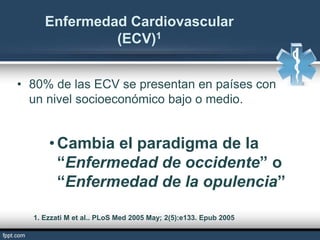 Enfermedad Cardiovascular
(ECV)1
• 80% de las ECV se presentan en países con
un nivel socioeconómico bajo o medio.
• Cambia el paradigma de la
“Enfermedad de occidente” o
“Enfermedad de la opulencia”
1. Ezzati M et al.. PLoS Med 2005 May; 2(5):e133. Epub 2005
 