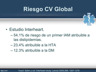 • Estudio Interheart.
– 54.1% de riesgo de un primer IAM atribuible a
las dislipidemias.
– 23.4% atribuible a la HTA
– 12.3% atribuible a la DM
Riesgo CV Global
Yusuf, Salim y col. Interheart study. Lancet 2005;366: 1267-1278
 