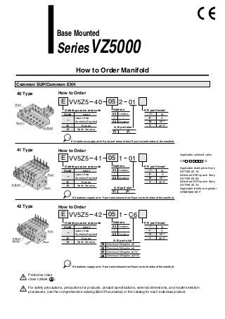How to Order
How to Order
How to Order
Base Mounted
SeriesVZ5000
How to Order Manifold
NPT
NPTF
F
-
N
T
P, R port thread
Code
E
N
areas
Japan,Asia
Australia,England
Europe
North America
Ordering source area code
-
E
Common SUP/Common EXH
40 Type
Applicable solenoid valve
VZ5 4 - -Q
Applicable blank plate Ass'y
DXT199-22-1A
Individual EXH spacer Ass'y
DXT199-29-2A
Individual SUP spacer Ass'y
DXT199-35-1A
Applicable interface regulator
ARBZ5000-00-P
If 10 stations, supply air to P port and exhaust from R port on both sides of the manifold.
If 8 stations, supply air to P port and exhaust from R port on both sides of the manifold.
If 8 stations, supply air to P port and exhaust from R port on both sides of the manifold.
2 stations
20 stations
02
20
Stations
VV5Z5 0540 2 01
A, B port size
NPT
NPTF
F
-
N
T
P, R port thread
Code
E
N
areas
Japan,Asia
Australia,England
Europe
North America
Ordering source area code
-
E
41 Type
2 stations
20 stations
02
20
Stations
VV5Z5 0541 1 01
A, B port size
NPT
NPTF
F
-
N
T
P, R port thread
Code
E
N
areas
Japan,Asia
Australia,England
Europe
North America
Ordering source area code
-
E
42 Type
2 stations
20 stations
02
20
Stations
VV5Z5 0542 1 C6
A, B port size
C8
C6
1 801
1 801
For safety precautions, precautions for products, product specifications, external dimensions, and model selection
procedures, see the comprehensive catalog (Best Pneumatics) or the catalog for each individual product.
Protective class
class I (Mark: )
Rc
G
Rc
G
Rc
G
B7
B9
One-touch fittings for ø6
One-touch fittings for ø8
One-touch fittings for φ1/4"
One-touch fittings for φ5/16"
 