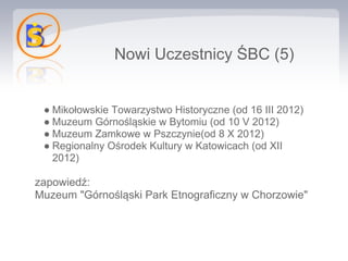 Nowi Uczestnicy ŚBC (5)


 ● Mikołowskie Towarzystwo Historyczne (od 16 III 2012)
 ● Muzeum Górnośląskie w Bytomiu (od 10 V 2012)
 ● Muzeum Zamkowe w Pszczynie(od 8 X 2012)
 ● Regionalny Ośrodek Kultury w Katowicach (od XII
   2012)

zapowiedź:
Muzeum "Górnośląski Park Etnograficzny w Chorzowie"
 