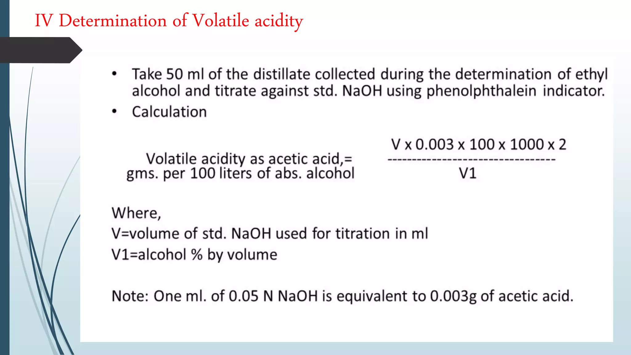 IV Determination of Volatile acidity
 