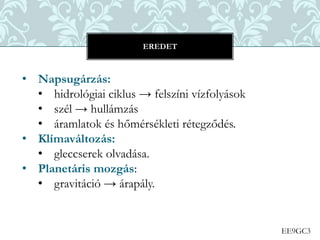 EE9GC3
• Napsugárzás:
• hidrológiai ciklus → felszíni vízfolyások
• szél → hullámzás
• áramlatok és hőmérsékleti rétegződés.
• Klímaváltozás:
• gleccserek olvadása.
• Planetáris mozgás:
• gravitáció → árapály.
EREDET
 