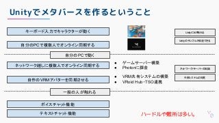Unityでメタバースを作るということ
キーボード入力でキャラクターが動く
自分のPCで複数人でオンライン同期する
ネットワーク越しに複数人でオンライン同期する
● ゲームサーバー構築
● Photonに課金
自作のVRMアバターを同期させる
● VRM共有システムの構築
● VRoid Hub・TSO連携
一般の人が触れる
Unity/C#が触れる
Unityのサンプルが改造できる
ネットワーク /サーバーの知識
外部システムの知見
ボイスチャット機能
テキストチャット機能 ハードルや難所は多い。
自分のPCで動く
 