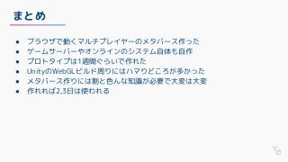 まとめ
● ブラウザで動くマルチプレイヤーのメタバース作った
● ゲームサーバーやオンラインのシステム自体も自作
● プロトタイプは1週間ぐらいで作れた
● UnityのWebGLビルド周りにはハマりどころが多かった
● メタバース作りには割と色んな知識が必要で大変は大変
● 作れれば2,3日は使われる
 