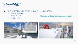 VZeroの紹介
● ブラウザで動くVRMアバターのメタバース(もどき)
○ VRMアバター機能
○ ボイスチャット
○ テキストチャット
https://facevtuber.com/vzero/index.html
 