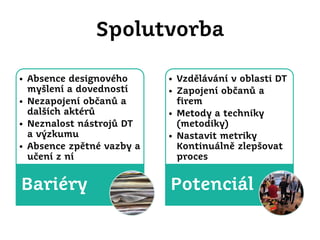 Spolutvorba
• Absence designového
myšlení a dovedností
• Nezapojení občanů a
dalších aktérů
• Neznalost nástrojů DT
a výzkumu
• Absence zpětné vazby a
učení z ní

• Vzdělávání v oblasti DT
• Zapojení občanů a
firem
• Metody a techniky
(metodiky)
• Nastavit metriky
Kontinuálně zlepšovat
proces

Bariéry

Potenciál

 