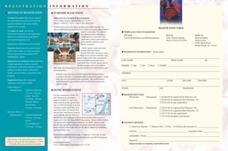 REGISTRATION FORM
THREE EASY WAYS TO REGISTER:
ON LINE FAX US MAIL US
www.byrdinstitute.org/MCISymposium Attn: Warren Barker Warren Barker
Fax to (305) 674-2996 Wien Center
4300 Alton Road
Miami Beach, FL 33140
REGISTRANT INFORMATION Please print:
_____________________________________________________________________________________________
LAST NAME FIRST NAME MI
DEGREE: MD DO Ph.D OTHER __________________________________________________
_____________________________________________________________________________________________
ADDRESS
_____________________________________________________________________________________________
CITY STATE ZIP CODE COUNTRY
_____________________________________________________________________________________________
E-MAIL FAX TELEPHONE
REGISTRATION FEES:
Physicians: Discounted: $280.00 (if registered by February 18)
$300.00 (if registered after February 18)
$325.00 on site registration
Non-Physicians: Discounted: $225.00 (if registered by February 18)
$250.00 (if registered after February 18)
$275.00 on site registration
$150.00 (students and nurses)
PAYMENT METHOD:
American Express Master Card Visa Check in the amount of _____________________
Card No. ________________________________________________ Expiration Date ______ / ________
Cardholder’s Name _____________________________________________________________________
Signature _____________________________________________________________________________
Payment must accompany registration form
METHOD OF REGISTRATION
To register by mail or fax: please complete
the registration form and send it with the
payment method to the above mailing
address or fax number.
To register by email: provide the
information requested on the registration
form in an e-mail message and send to:
mcisymposium@msmc.com
Registration confirmations will be issued.
Payment: Registration fees can be sent by
credit card or check, no cash is accepted.
Please make all checks payable to MCI
SYMPOSIUM, MSMC.
Registration Fee Inclusions: Registration fees
include admittance to all the scientific
conferences, conference materials, validated
parking, breakfast, lunch, refreshment
breaks, welcome dinner as specified in the
program.
Registration Hours: The conference
registration desk will be staffed:
Friday, March 11 -
Meeting Room: Caribbean Ballroom
7:30 am - 6:00 pm.
Lunch: Sundeck
12:00 pm - 1:00 pm
Welcome Dinner:
Beach House
7:00 pm - 10.00 pm
Saturday, March 12 -
Meeting Room: Caribbean Ballroom
7:30 am.- 4:00 pm.
Lunch:
Crystal Ballroom 1
12:00 pm - 1:00 pm
Refund Policy: Full refund will be given if written
notice is received not later than February 15, 2005.
All refunds will be processed after the meeting.
R E G I S T R A T I O N I N F O R M A T I O N
SYMPOSIUM LOCATION
SHERATON BAL HARBOUR BEACH RESORT
9701 Collins Avenue, Bal Harbour, FL 33154
Phone: 1-888-627-7079 • Fax: 1-305-864-2601
Nestled on ten acres of tropical gardens and sandy beaches, the
Sheraton Bal Harbour Beach Resort is midway between Miami Beach
and Ft. Lauderdale. This deluxe,
four-diamond resort features a
combination of Latin flair and
small town charm and is ideal for
both romantic getaways and
family vacations.
All 645 guest rooms and suites
include Sheraton Sweet
Sleeper(SM) beds, and pool, ocean,
or village views. Services include a spa,
fitness center, Kid’s Club, and lagoon-
style pool featuring Jacuzzis and a
waterslide. Over 50,000 square feet of
flexible meeting and event facilities
offer High Speed Internet Access and are ideal for both business and
social functions.
Directly across the street are the famous Bal Harbour Shops,
a unique collection of internationally renowned boutiques, shops,
and cafes set in beautiful tropical gardens. The world-famous
South Beach Art Deco District and Lincoln Road are also just
minutes away.
HOTEL RESERVATIONS
For the convenience of the 3rd
MCI Symposium attendees a
limited number of rooms have
been reserved at the special daily
rate of $290.00 (single or double
occupancy, plus resort fees, state
and local taxes). To receive this
special rate, reservations must be
made directly with the Sheraton
Bal Harbour Beach Resort and you must mention that you are a
registrant of the 3rd Annual MCI Symposium. Rooms will be held at
the special rate until Tuesday, February 15, 2005. Rooms at the
discounted rate will be allocated on a first-come, first-served basis.
Reservations received after the cut-off date is subject to availability
and prevailing rates.
FOR ROOM RESERVATIONS CALL: 1-888-627-7079 OR ACCESS
THE HOTEL WEB SITE VIA www.byrdinstitute.org/MCISymposium
Symposium location:
9701 Collins Avenue, Bal Harbour, FL 33154
 