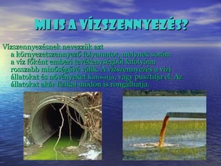 Mi is a vízszennyezés? Vízszennyezésnek nevezzük azt a környezetszennyező folyamatot, melynek során: a víz főként emberi tevékenységből kifolyóan rosszabb minőségűvé válik. A vízszennyezés a vízi állatokat és növényeket  károsítja , vagy pusztítja el. Az állatokat akár fizikai módon is rongálhatja.   