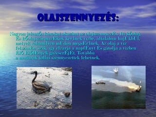 Olajszennyezés: Nagyon jelentős károkat okozhat az olajszennyezés. Itt kőolaj, és kőolajszármazékok kerülnek vízbe, általában hajókból, melyek valamilyen módon megsérülnek. Az olaj a víz felszínén úszik, így elzárja a napfényt és gátolja a vízben élő élőlények gázcseréjét. Továbbá a madarak tollai szennyezettek lehetnek. 