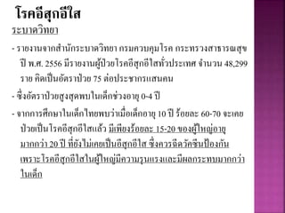 โรคอีสุกอีใส
ระบาดวิทยา
- รายงานจากสานักระบาดวิทยา กรมควบคุมโรค กระทรวงสาธารณสุข
ปี พ.ศ. 2556 มีรายงานผู้ป่วยโรคอีสุกอีใสทั่วประเทศ จานวน 48,299
ราย คิดเป็นอัตราป่วย 75 ต่อประชากรแสนคน
- ซึ่งอัตราป่วยสูงสุดพบในเด็กช่วงอายุ 0-4 ปี
- จากการศึกษาในเด็กไทยพบว่าเมื่อเด็กอายุ10 ปี ร้อยละ 60-70 จะเคย
ป่วยเป็นโรคอีสุกอีใสแล้ว มีเพียงร้อยละ 15-20 ของผู้ใหญ่อายุ
มากกว่า 20 ปี ที่ยังไม่เคยเป็นอีสุกอีใส ซึ่งควรฉีดวัคซีนป้องกัน
เพราะโรคอีสุกอีใสในผู้ใหญ่มีความรุนแรงและมีผลกระทบมากกว่า
ในเด็ก
 