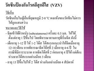 วัคซีนป้ องกันโรคอีสุกอีใส (VZV)
วิธีเก็บ
วัคซีนเก็บในตู้เย็นที่อุณหภูมิ 2-8 oC ผงแห้งของวัคซีนไม่ควร
ให้ถูกแสงสว่าง
ขนาดและวิธีใช้
- ฉีดเข้าใต้ผิวหนัง (subcutaneous) ครั้งละ 0.5 มล. ให้ได้
ตั้งแต่อายุ 1 ปีขึ้นไป โดยพิจารณาตามอายุที่เริ่มฉีด ดังนี้
- เด็กอายุ1-12 ปี ให้ 1-2 โด๊ส โด๊สแรกแนะนาให้ฉีดเมื่ออายุ
12-18 เดือน อาจพิจารณาฉีดโด๊สที่ 2 เมื่ออายุ 4-6 ปี ใน
กรณีที่มีการระบาด อาจฉีดโด๊สที่ 2 ก่อนอายุ 4 ปีได้แต่ต้อง
ห่างจากโด๊สแรกอย่างน้อย 3 เดือน
- อายุ 13 ปีขึ้นไปให้ 2 โด๊ส ห่างกันอย่างน้อย 4 สัปดาห์
 