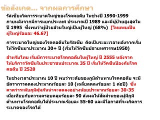  รัสเซียเกิดการระบาดใหญ่ของโรคคอตีบ ในช่วงปี 1990-1999
ภายหลังจากมีการแยกประเทศ ประมาณปี 1989 และมีผู้ป่ วยสูงสุดใน
ปี 1995 ซึ่งพบว่าผู้ป่ วยส่วนใหญ่เป็ นผู้ใหญ่ (68%) [ไทยพบเป็ น
ผู้ใหญ่ร้อยละ 46.67]
 การระบาดใหญ่ของโรคคอตีบในรัสเซีย คิดเป็ นระยะเวลาหลังจากเริ่ม
ให้วัคซีนมาประมาณ 30+ ปี (เริ่มให้วัคซีนปลายทศวรรษ1950)
 สาหรับไทย เริ่มมีการระบาดโรคคอตีบในผู้ใหญ่ ปี 2555 หลังจาก
ให้บริการวัคซีนในประชาชนประมาณ 35 ปี เริ่มให้วัคซีนป้ องกันโรค
คอตีบ ปี 2520
 ในช่วงเวลาประมาณ 10 ปี พบว่าระดับของภูมิต้านทานโรคคอตีบ จะมี
อัตราการลดลงประมาณร้อยละ 10 (เฉลี่ยลดลงร้อยละ 1 ต่อปี) ซึ่ง
คาดว่าระดับภูมิคุ้มกันน่าจะลดลงอย่างน้อยประมาณร้อยละ 30-35
เมื่อเทียบกับความครอบคลุมร้อยละ 90 ส่งผลให้สัดส่วนของผู้มีภูมิ
ต้านทานโรคคอตีบได้ประมาณร้อยละ 55-60 และมีโอกาสที่จะเกิดการ
ระบาดของโรคได้
 