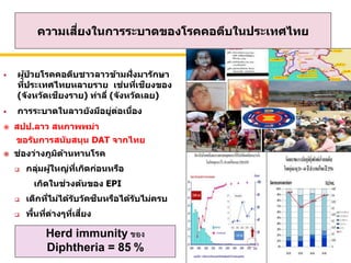  ผู้ป่ วยโรคคอตีบชาวลาวข้ามฝั่งมารักษา
ที่ประเทศไทยหลายราย เช่นที่เชียงของ
(จังหวัดเชียงราย) ท่าลี่ (จังหวัดเลย)
 การระบาดในลาวยังมีอยู่ต่อเนื่อง
 สปป.ลาว สหภาพพม่า
ขอรับการสนับสนุน DAT จากไทย
 ช่องว่างภูมิต้านทานโรค
 กลุ่มผู้ใหญ่ที่เกิดก่อนหรือ
เกิดในช่วงต้นของ EPI
 เด็กที่ไม่ได้รับวัคซีนหรือได้รับไม่ครบ
 พื้นที่ต่างๆที่เสี่ยง
Herd immunity ของ
Diphtheria = 85 %
ความเสี่ยงในการระบาดของโรคคอตีบในประเทศไทย
 